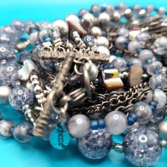 Chico’s Layered Beaded Necklace Silver Tone Glass Pearl Shell 7 Strands 30” - Picture 14 of 15